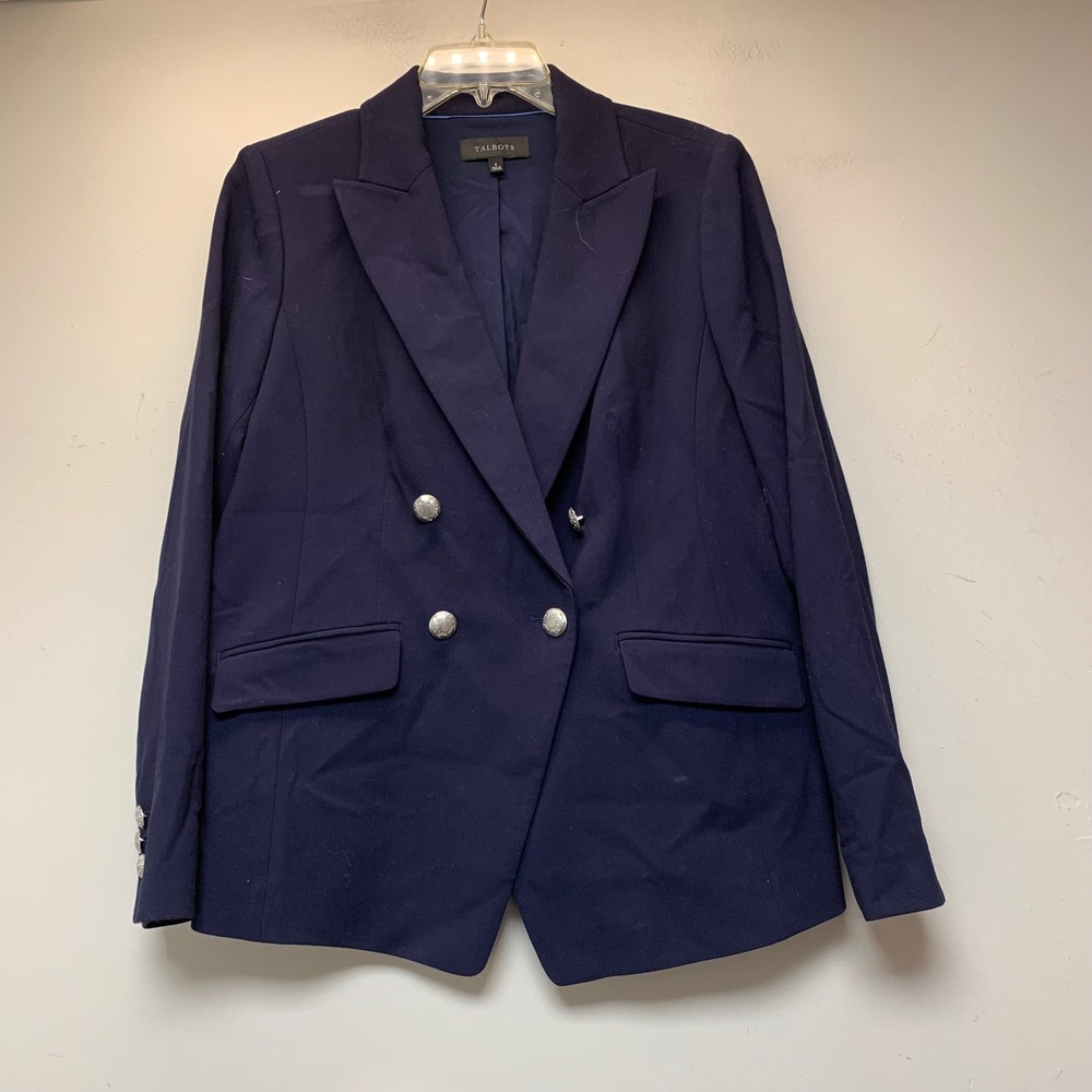 Talbots Blazer Womens 8 Navy Blue Excellent Double Breasted Silver Button Coat